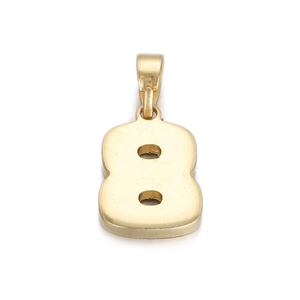 Detailed close-up of a 3D gold-tone number 8 pendant with a smooth polished finish