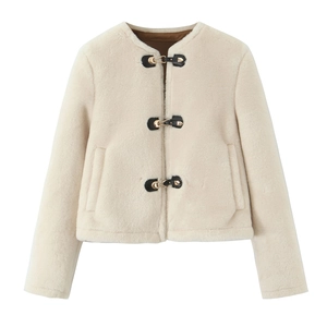 Women's cream fleece jacket with stylish black leather straps and gold metal buckles