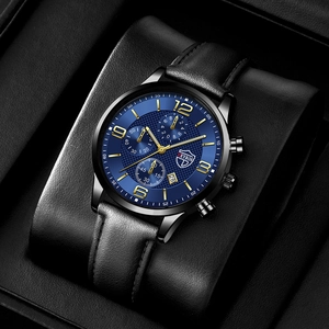 Montre quartz homme avec cadran bleu et bracelet en cuir noir dans son coffret cadeau
