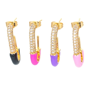 Safety Pin Dangle Earrings Copper Cubic Zirconia Micro Pave Colorful Enamel Geometric Trendy Jewelry For Women