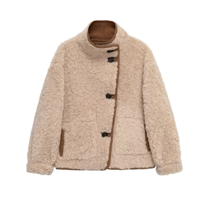 Veste Réversible Femme Daim Synthétique Et Peau De Mouton Col Montant Manteau Chaud Épais Vintage Streetwear Avec Poches