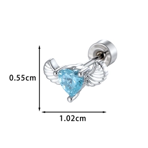 Silver angel wing cartilage stud with light blue heart zircon and size measurements