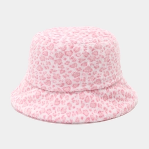 Chic pink and white leopard print plush bucket hat for women in winter outdoor style