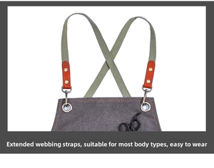 Detail of heavy-duty canvas apron showing cross-back straps with leather reinforcement