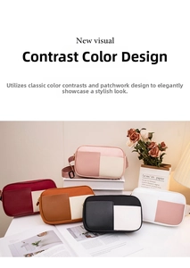 Multi-colored patchwork crossbody camera bag in pink, brown and white leather tones
