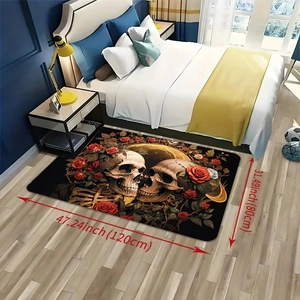 Macro detail of Halloween gothic bath mat with skull and red roses, 120cm x 80cm size