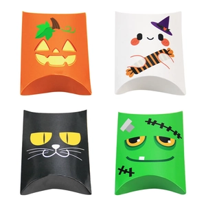 Halloween pillow candy boxes featuring pumpkin, ghost, cat, and monster designs in 2x2 grid