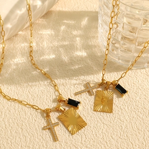 Vintage Gold Plated Stainless Steel Pendant Necklace For Women With Rhinestone Cross Sunburst Medallion Black Stone Charms