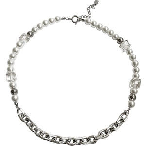 Modern split-design necklace featuring white pearls, clear crystals, and silver chain