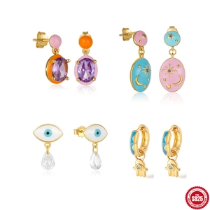 925 Sterling Silver Zirconia Asymmetric Stud Earrings Star Moon Evil Eye Hamsa Hand Enamel Vintage Jewelry For Women