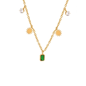 Vintage Titanium Steel Green Zirconia Pendant Necklace For Women Emerald Cut Stone Star Sun Charm Gold Plated Jewelry Gift
