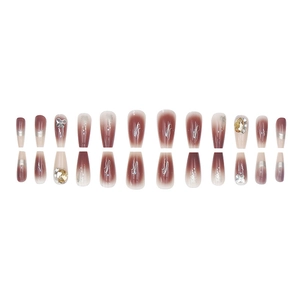 Long coffin press-on nails with burgundy gradient, 3D butterfly, and rhinestones
