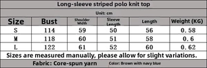 Size chart detail for striped color-block knit polo sweater with measurement specifications