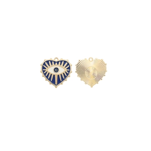 Detail of heart-shaped alloy pendants featuring blue enamel evil eye and sunburst texture