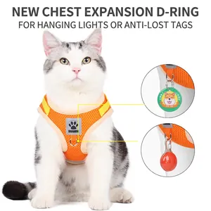 Orange breathable mesh cat harness with reflective strips and front D-ring for tags