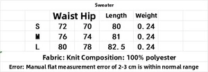 Detailed size chart for diamond pattern knit cardigan and skirt set with 100% polyester material