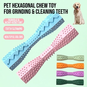 Hexagonal durable rubber chew toy for dogs with textured surface for dental cleaning