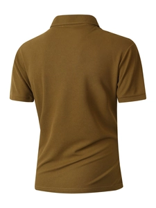 Rear view of brown pique knit polo shirt showing breathable mesh texture and ribbed cuffs
