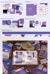 Detailed view of vintage purple stationery gift set including cards, envelopes and washi tapes
