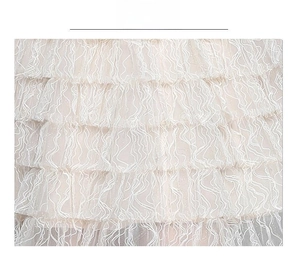Détail du tissu en dentelle crème avec texture ondulée et scintillement délicat sur la robe