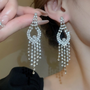 Detailed view of silver tassel earrings with sparkling crystals worn by a model