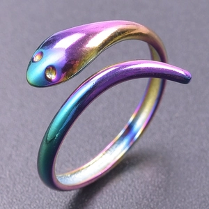Macro close-up of iridescent rainbow snake ring with polished metal texture details