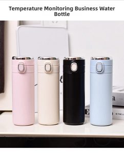 Detail shot of smart insulated bottles in four colors with LED touch temperature display