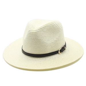 Classic beige woven straw fedora sun hat with a black leather band and gold buckle detail