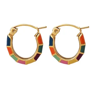 Boucles Oreilles Créoles En Acier Titane Or Rétro Avec Design Géométrique Patchwork Émail Coloré Pour Femmes