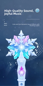 Close-up of snowflake magic wand with blue glowing lights and musical features