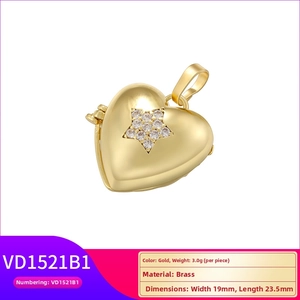 Detail of gold brass heart locket pendant with star zircon and 19x23.5mm dimensions