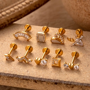 9-piece set of gold G23 titanium stud earrings with heart and fan-shaped zircon designs