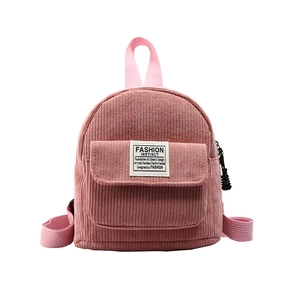 Pink corduroy mini backpack for women with adjustable straps and front fashion label