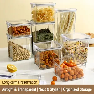 Transparent Sealed Food Storage Jar PET Plastic Stackable Airtight Container For Kitchen Grains Snacks Pasta With Buckle Lid