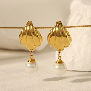 18k gold plated stainless steel shell earrings with iridescent pearl pendants