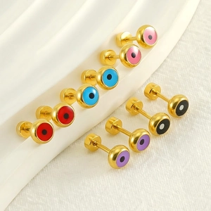 Boucles D'oreilles Puces Œil Maléfique Rondes Plaqué Or 18K Acier Inoxydable Émail À Vis Bijoux Minimalistes Femmes