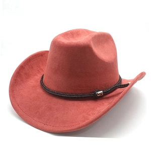 Macro detail of rust red faux suede cowboy hat with brown braided band and buckle