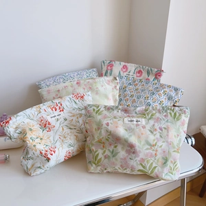 Trousses à maquillage en coton à fleurs avec fermeture éclair et motifs botaniques variés