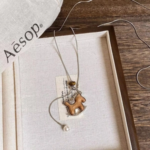 Retro wooden horse pendant necklace with zircon accents and pearl on fine metal chain
