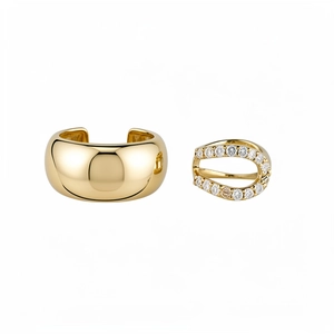 Polished 18k gold plated ear cuff set with cubic zirconia stones on white background