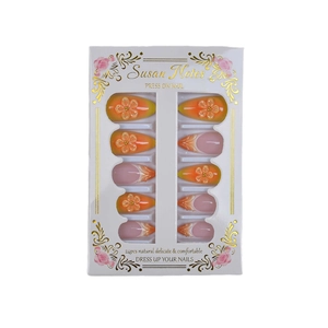 Almond shaped gradient French press on nails with 3D floral accents and 24 piece set