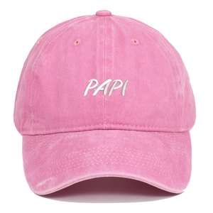 Close-up of pink washed cotton baseball cap with white PAPI embroidery detail