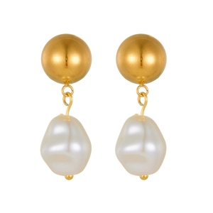 18k gold plated stainless steel stud earrings with hanging white baroque pearl tassels