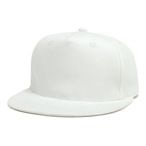 Detailed close-up of a white snapback hat showing premium high-density cotton twill fabric