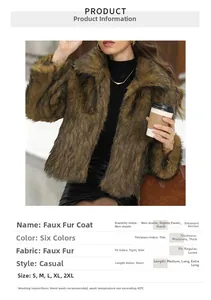 Size chart for thick faux fur jacket showing dimensions for S to 2XL with washing tips