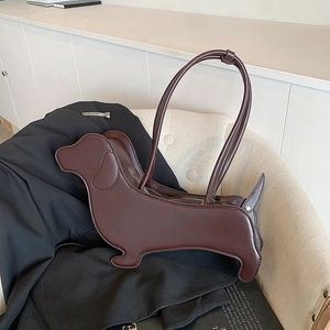 Unique brown dachshund-shaped PU leather underarm tote bag for women in street style