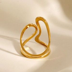 Detail of 18k gold plated stainless steel ring featuring unique curved hollow lines