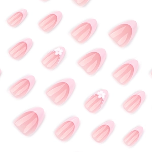 Unghie finte a mandorla French rosa e bianche con fiori 3D e decorazioni di perle