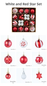 Detail of red and white Christmas ball set with assorted snowflake and star patterns