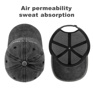 Detailed views of gray washed cotton baseball cap with embroidered lettering and inner structure
